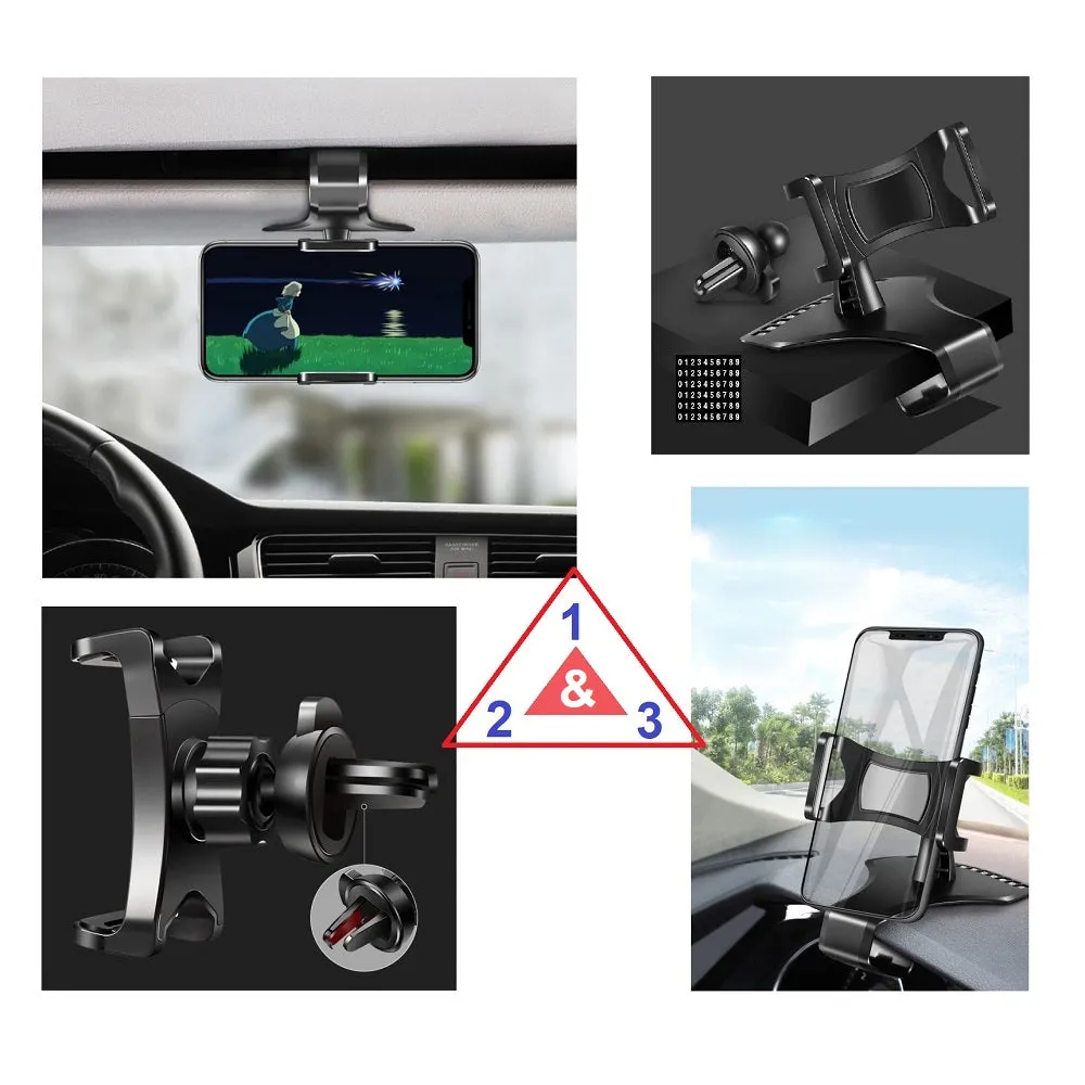 3 in 1 Car GPS Smartphone Holder: Dashboard / Visor Clamp   AC Grid Clip for Sharp Z3 - Black
