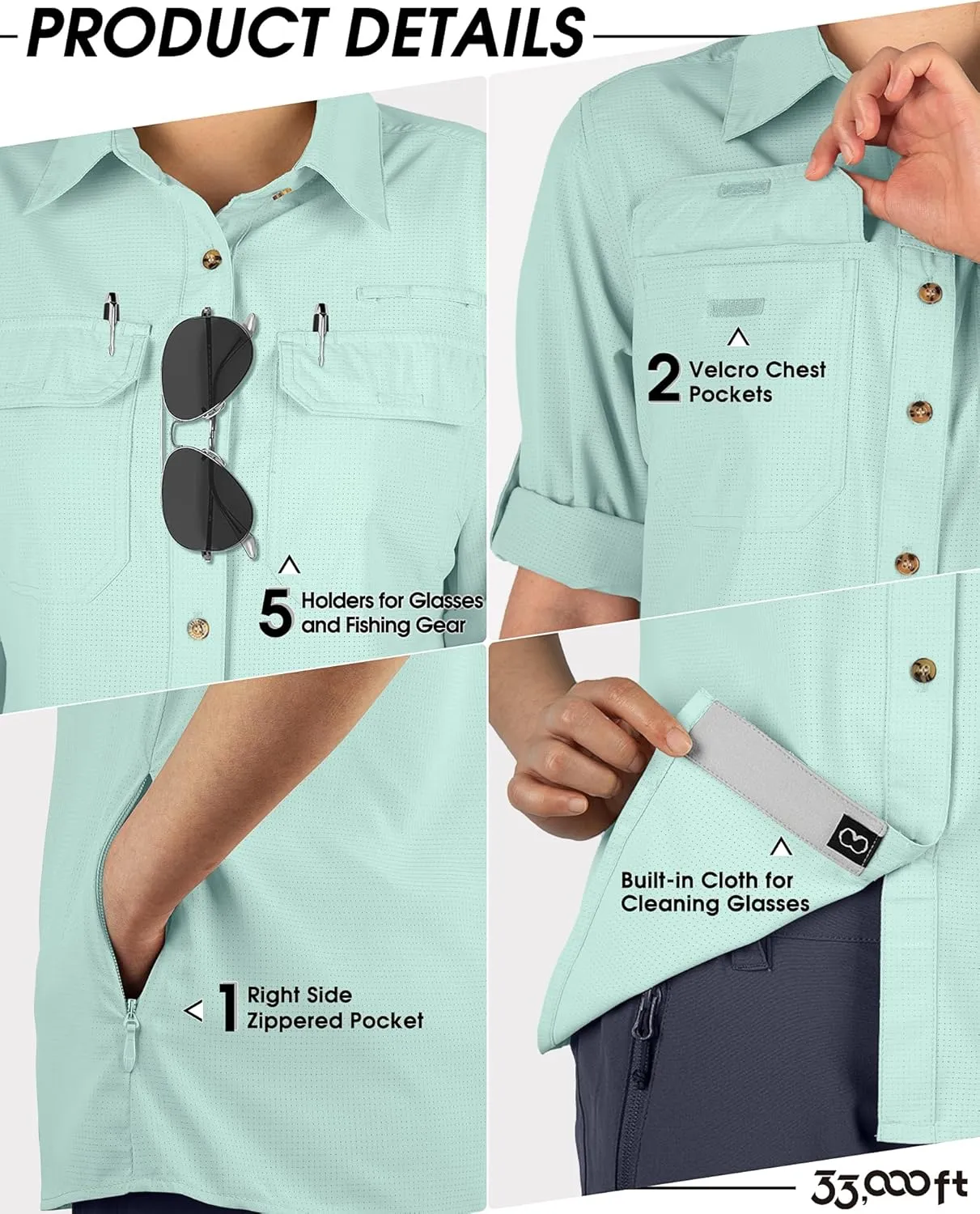 33,000ft Women's UPF 50 UV Sun Protection Shirt, Cool Quick Dry Long Sleeve Outdoor Fishing Hiking Safari Travel Shirt