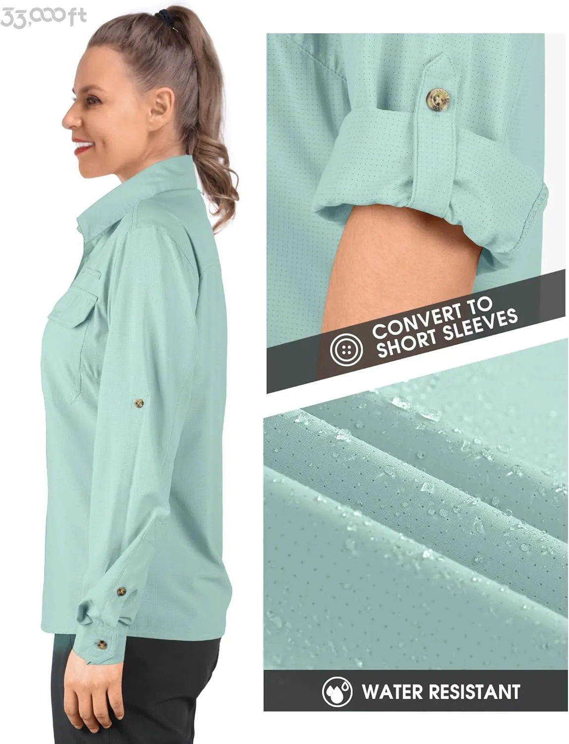 33,000ft Women's UPF 50 UV Sun Protection Shirt, Cool Quick Dry Long Sleeve Outdoor Fishing Hiking Safari Travel Shirt