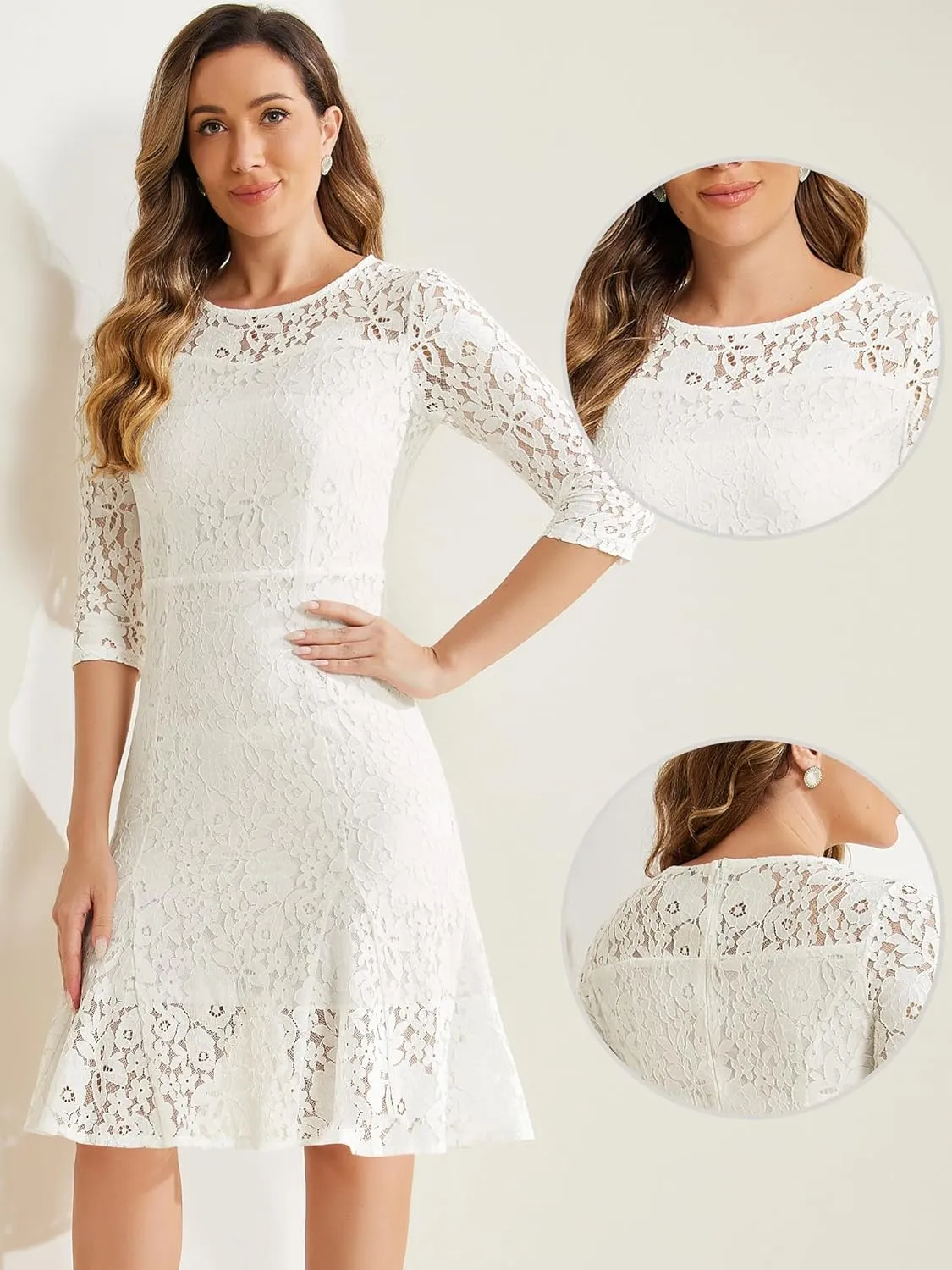 Allegra K Elegant Lace Dress for Women's 3/4 Sleeves Ruffles Bodycon Fishtail Dress