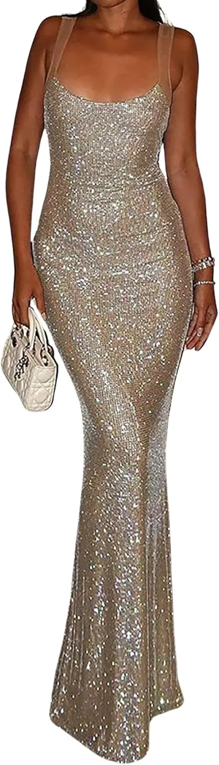 BAIMORE Women's Elegant Shiny Long Evening Dress Spaghetti Strap Glitter Sequin Bodycon Maxi Dress