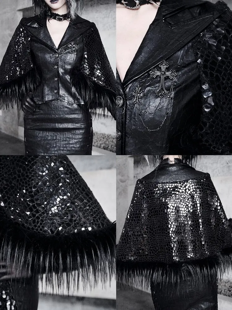 Black Sharp Angle Notched Collar Office Lady Fluffy Hemline Cape Blazer