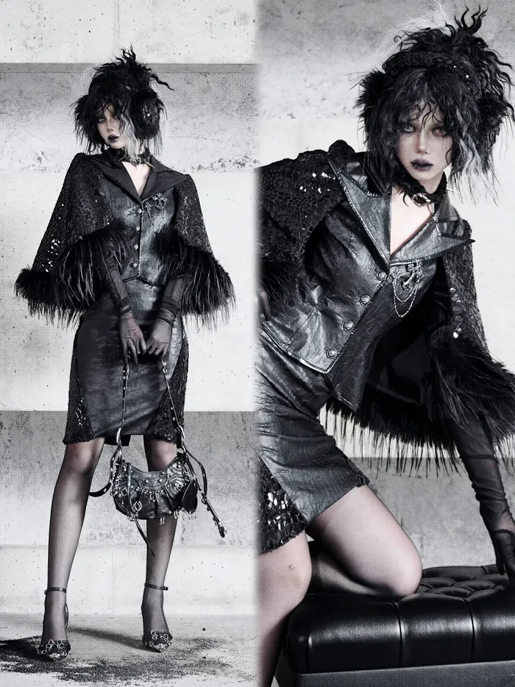 Black Sharp Angle Notched Collar Office Lady Fluffy Hemline Cape Blazer