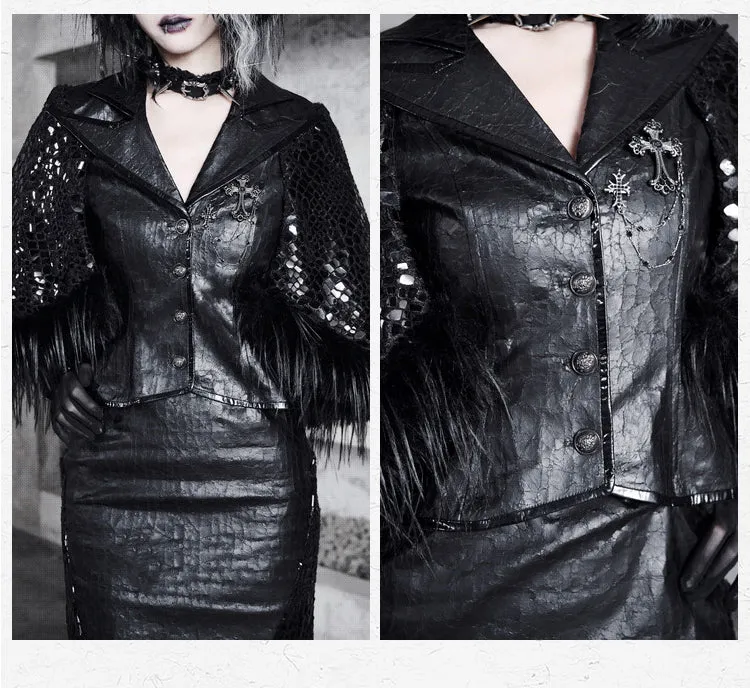 Black Sharp Angle Notched Collar Office Lady Fluffy Hemline Cape Blazer