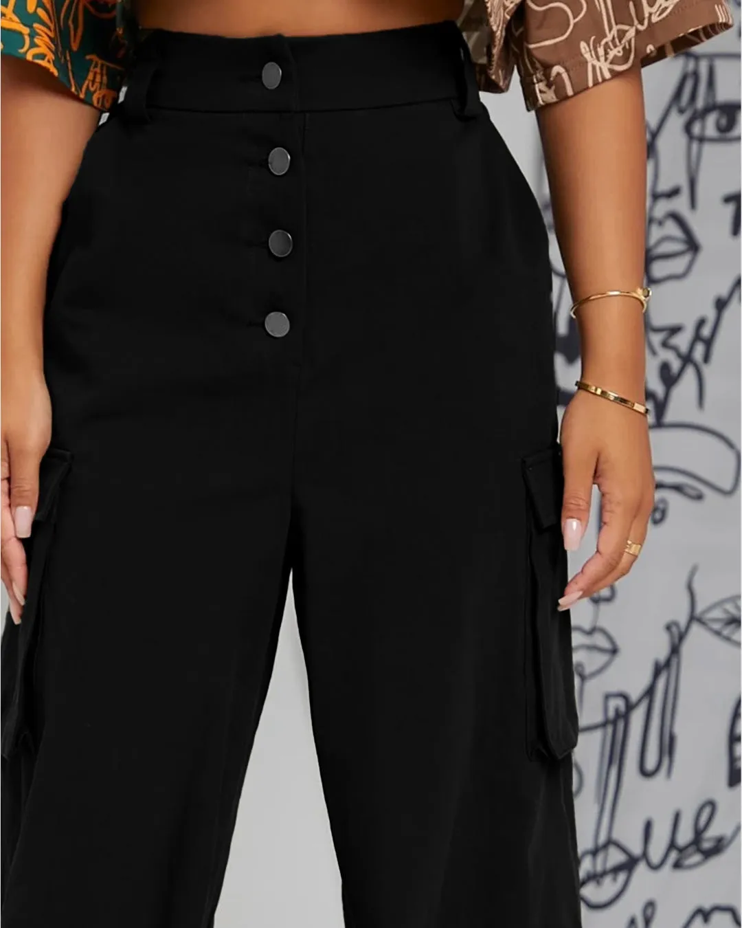 Button Me Up Flap Pocket Fly Black Cargo Pants