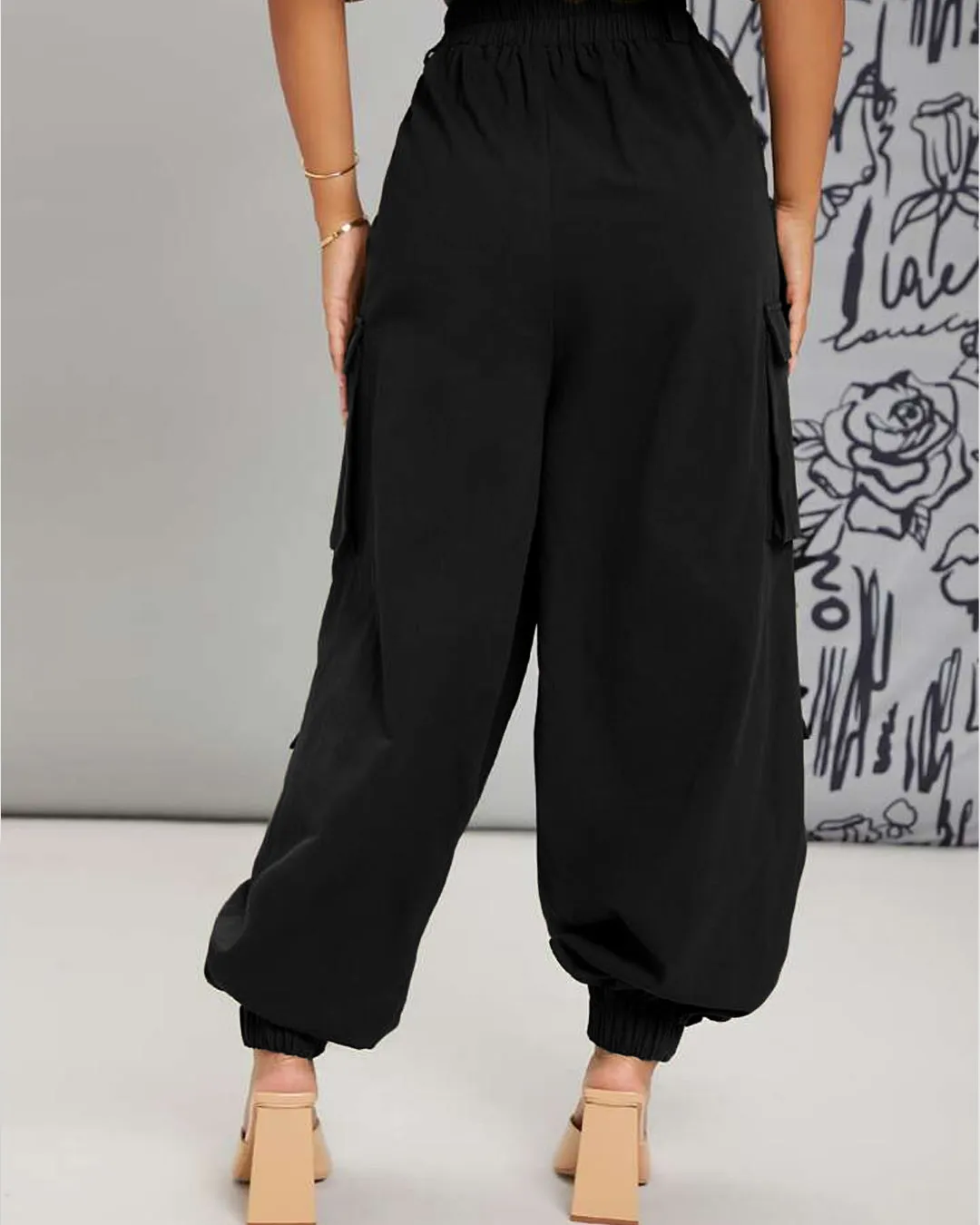 Button Me Up Flap Pocket Fly Black Cargo Pants