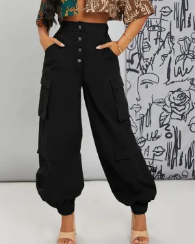 Button Me Up Flap Pocket Fly Black Cargo Pants