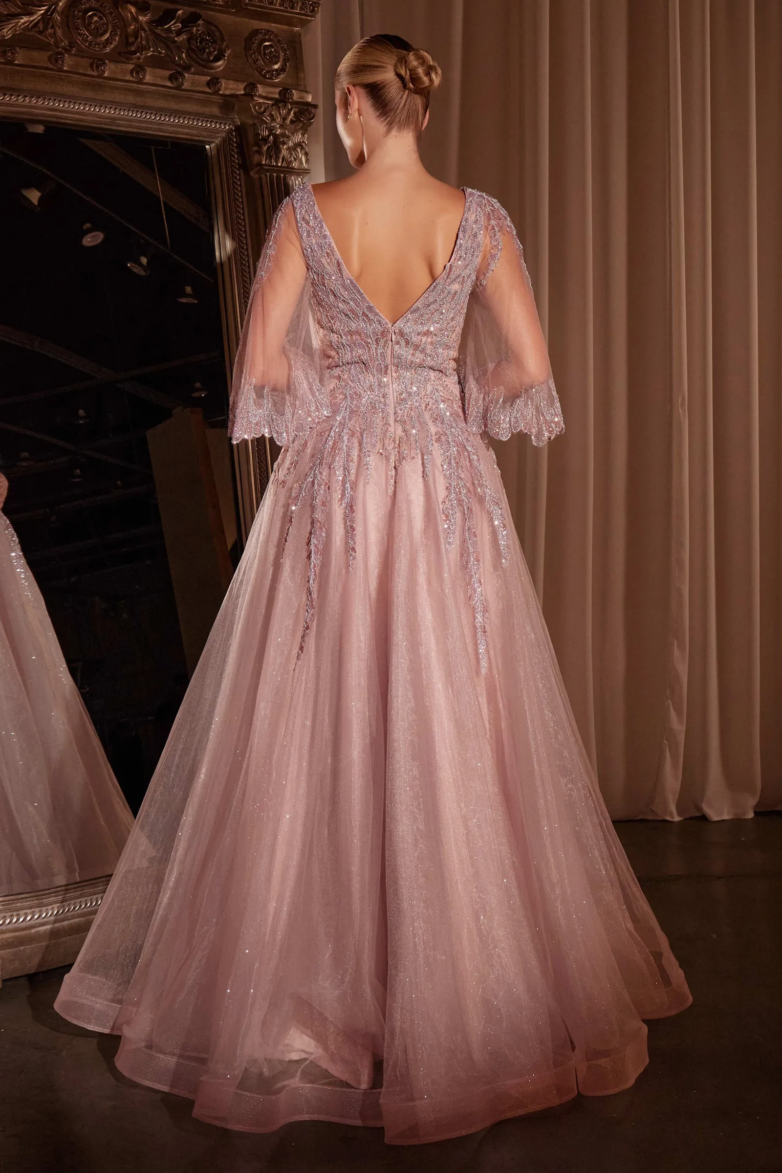 CINDERELLA DIVINE CD784 Bell Sleeve Layered Tulle & Lace Ball Gown