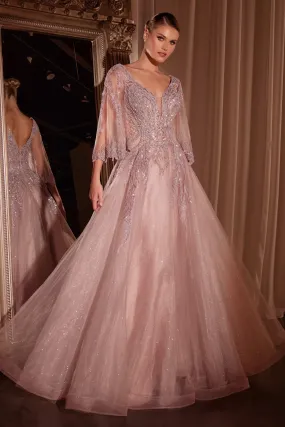 CINDERELLA DIVINE CD784 Bell Sleeve Layered Tulle & Lace Ball Gown