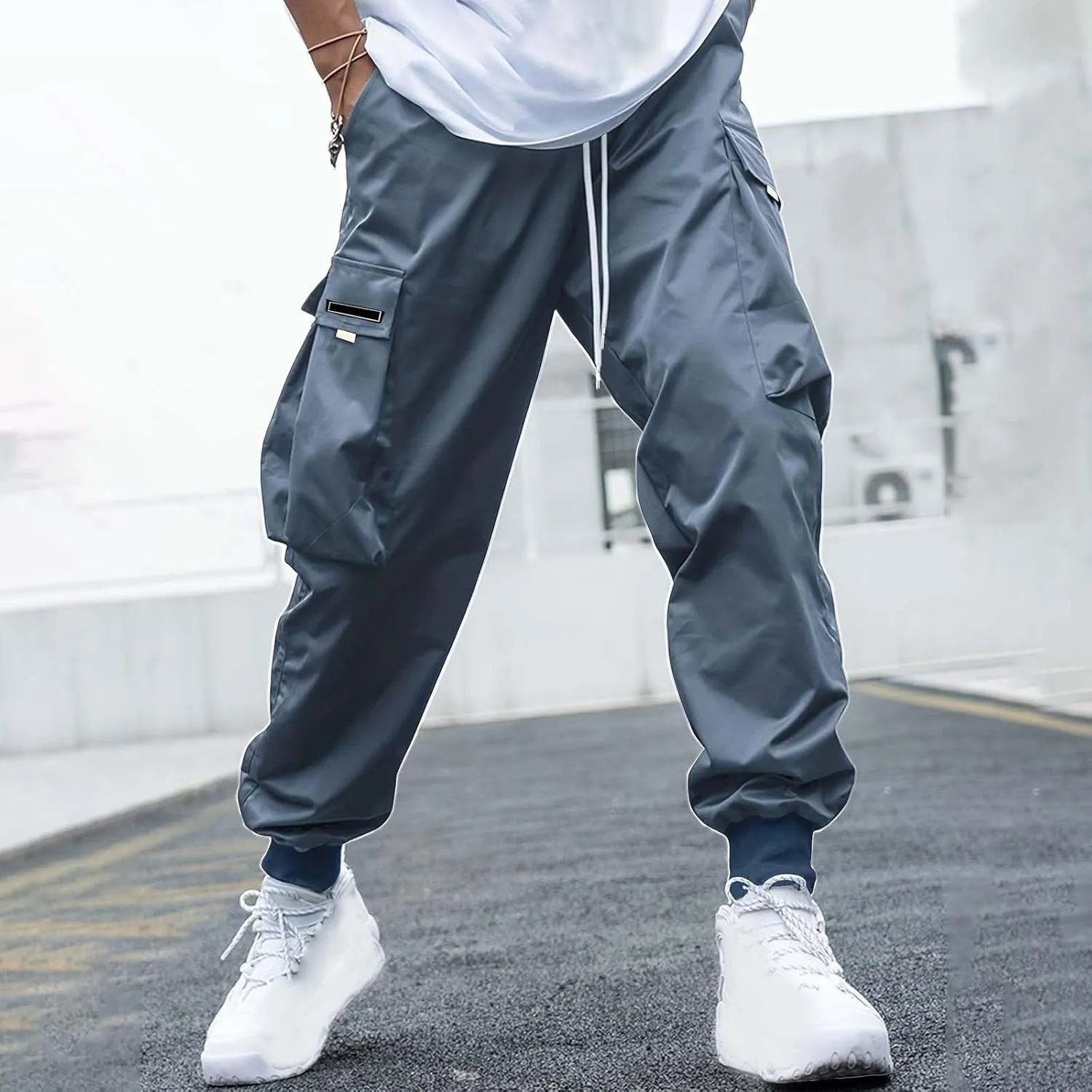 CRNTCEM Mens Baggy Hip Hop Cargo Pants Lightweight Streetwear Grunge Harem Joggers Trousers Trendy Casual Y2K Parachute Pants