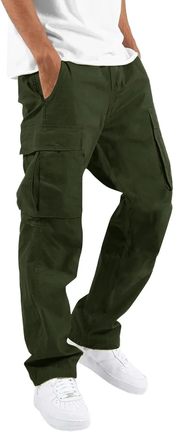 CRNTCEM Mens Casual Straight Cargo Pants Lightweight Elastic Waisted Workout Work Sweatpants Cozy Military Tactical Trousers