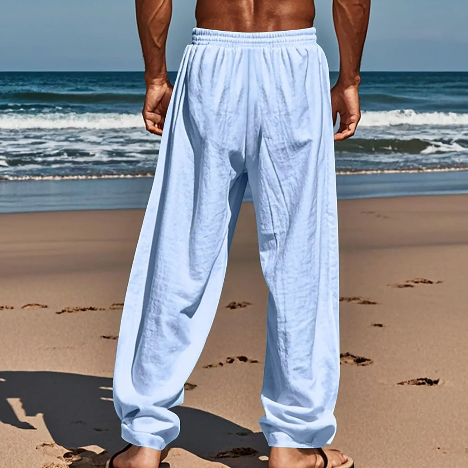 CRNTCEM Mens Cotton Linen Beach Pants Straight Loose Casual Yoga Sweatpants Outdoor Lightweight Travel Lounge Trousers