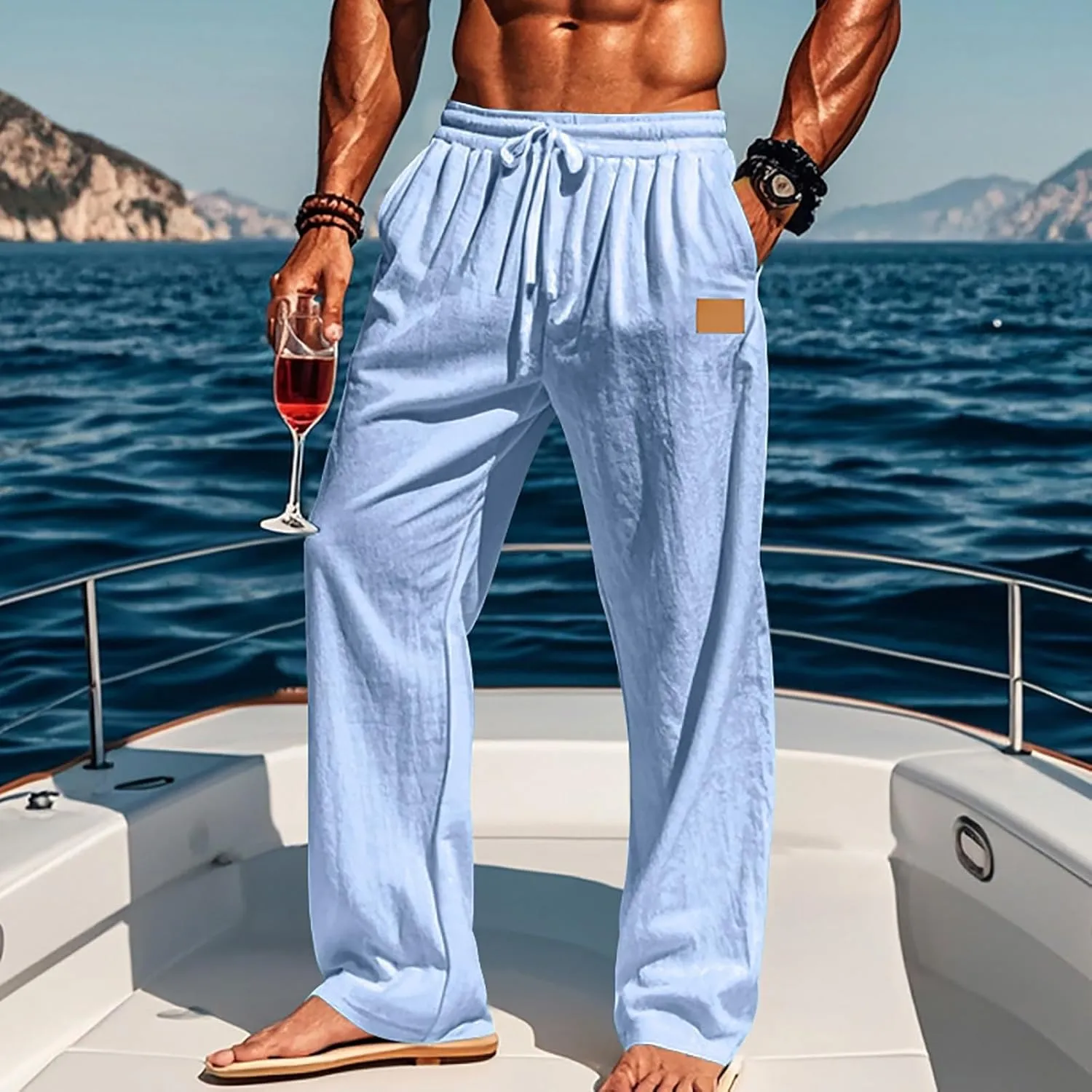 CRNTCEM Mens Cotton Linen Beach Pants Straight Loose Casual Yoga Sweatpants Outdoor Lightweight Travel Lounge Trousers