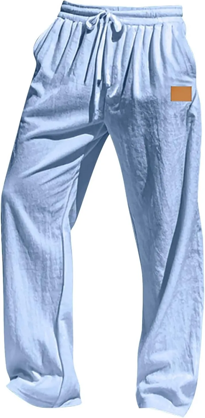 CRNTCEM Mens Cotton Linen Beach Pants Straight Loose Casual Yoga Sweatpants Outdoor Lightweight Travel Lounge Trousers