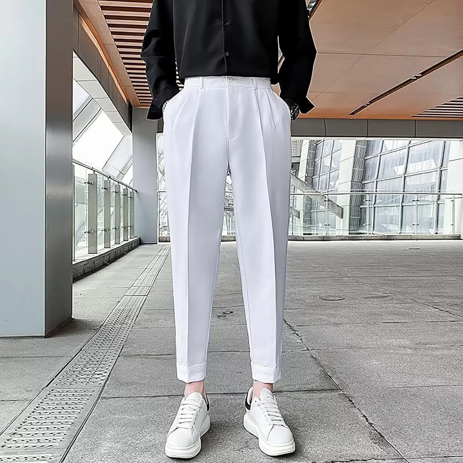 CRNTCEM Men's Cropped Golf Pants Ankle-Length Flat-Front Business Formal Dress Pants Pleated Straight Leg Casual Trousers