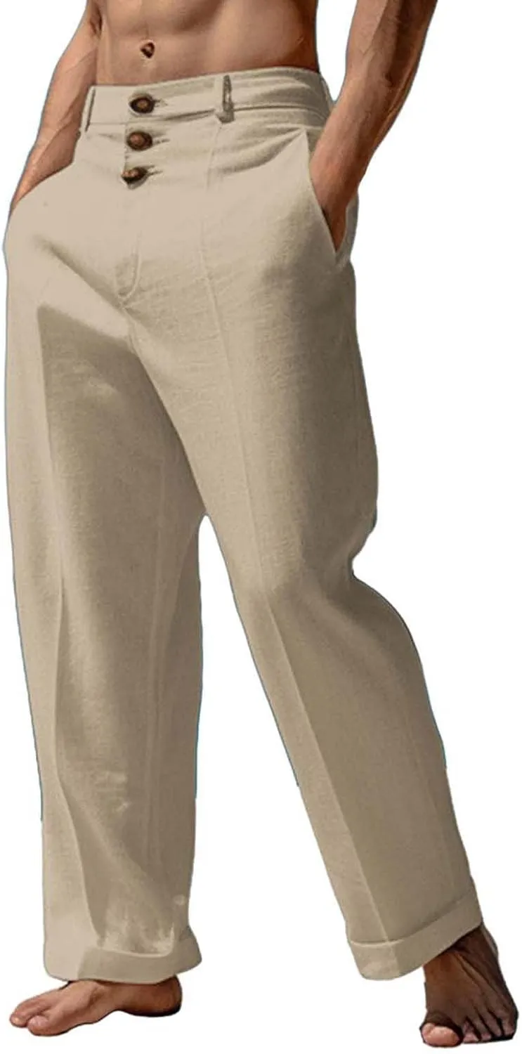 CRNTCEM Mens Wide Leg Business Cotton Linen Pants Lightweight Work Office Dress Pants Straight Leg Athletic Workout Trousers