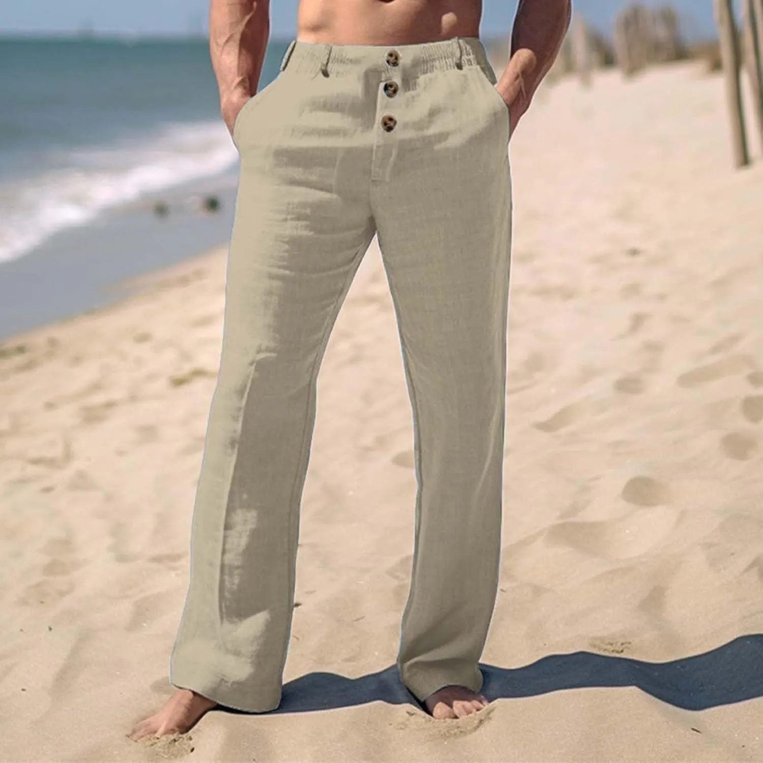 CRNTCEM Mens Wide Leg Business Cotton Linen Pants Lightweight Work Office Dress Pants Straight Leg Athletic Workout Trousers