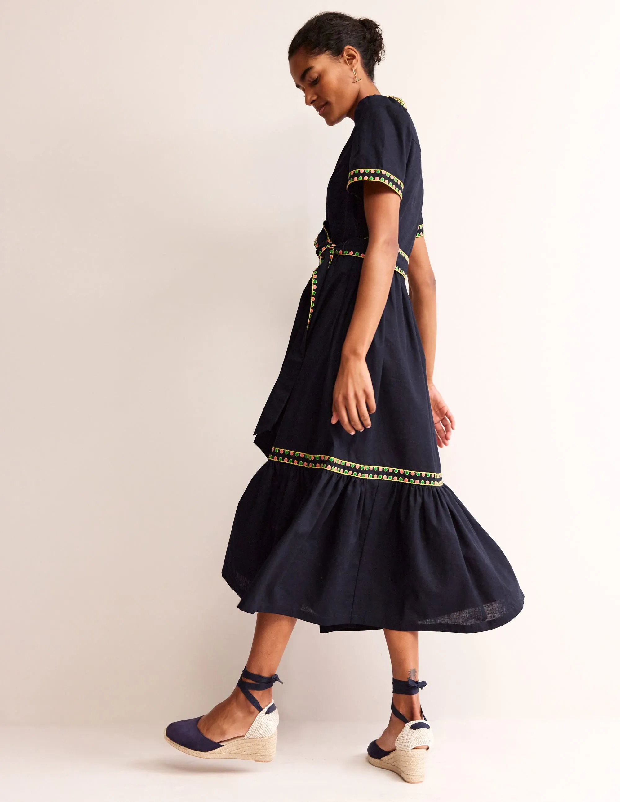 Embroidered Linen Blend Dress-Navy