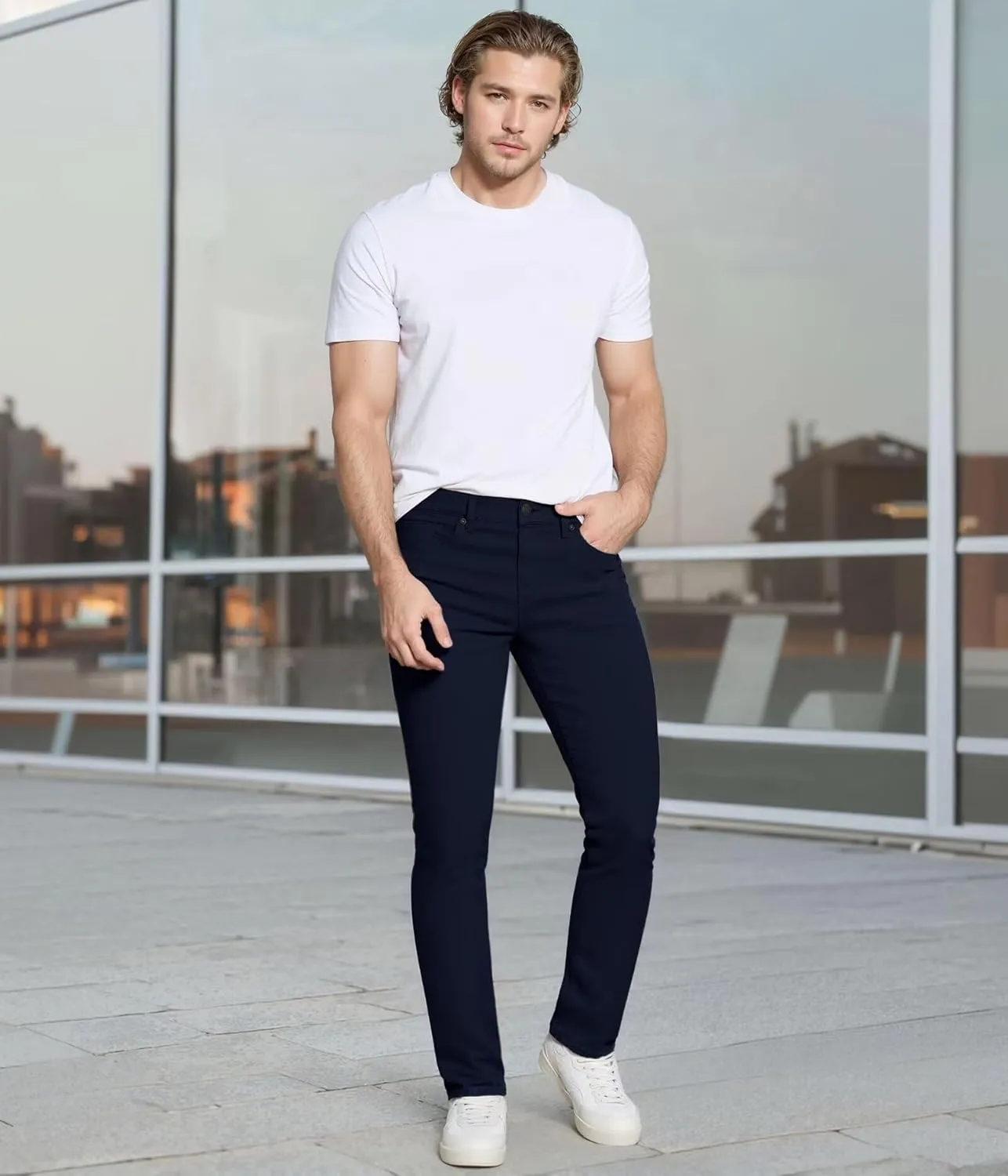ETHANOL Mens Comfortable Stretch Trousers Slim Fit Straight Leg Stylish Design Pants