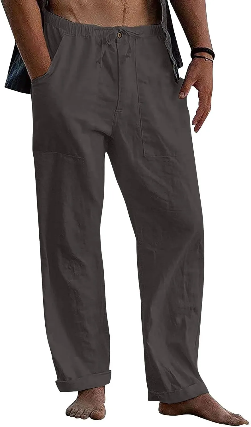 evzosrz Mens Linen Pants Casual Yoga Beach Loose Fit Elastic Waist Drawstring Summer Baggy Trousers with Pockets