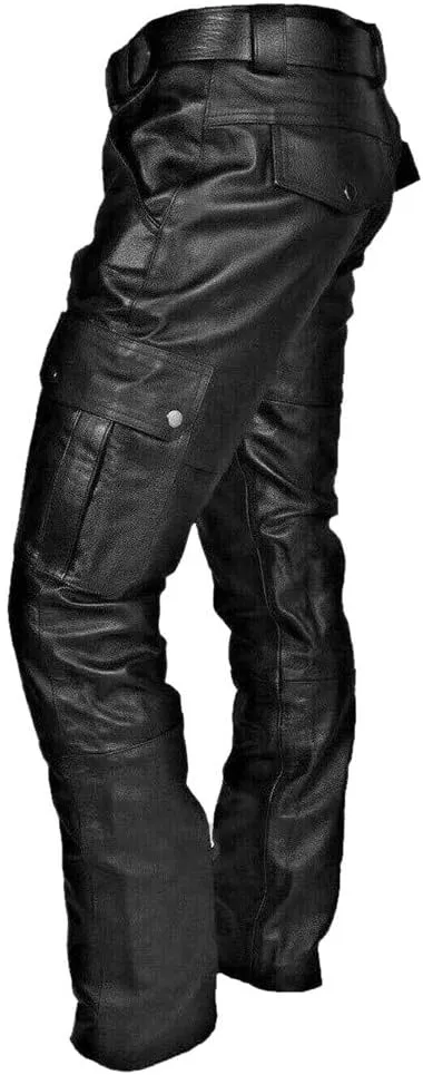 Faux Leather Pants for Men Big and Tall Straight Leg Trousers with Flap Pockets Motocycle Biker Pants Gothic Pants