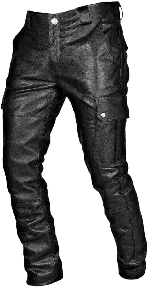 Faux Leather Pants for Men Big and Tall Straight Leg Trousers with Flap Pockets Motocycle Biker Pants Gothic Pants