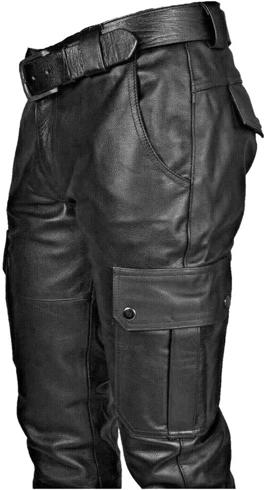 Faux Leather Pants for Men Big and Tall Straight Leg Trousers with Flap Pockets Motocycle Biker Pants Gothic Pants