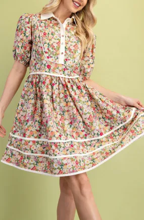 Floral Collared Half Button Mini Dress