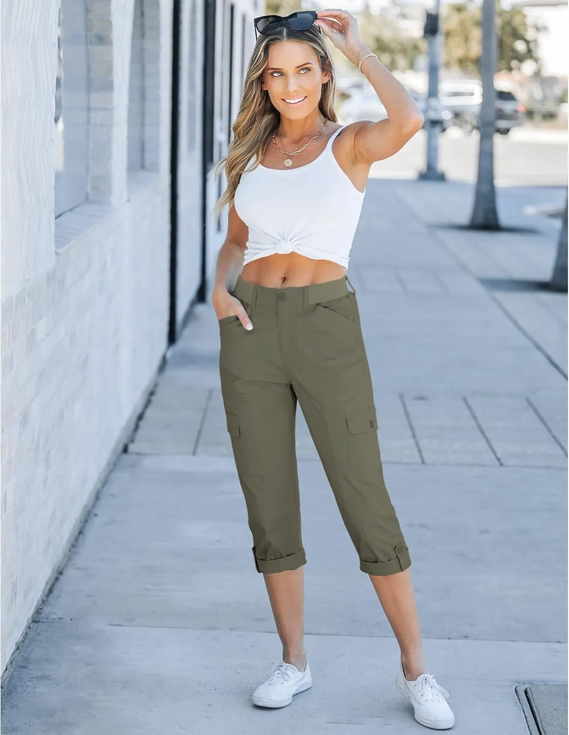 GRAPENT Cargo Capri Pants for Women High Waisted Relaxed Fit Elastic Knit Waist Casual Capris Trousers Cropped Pants