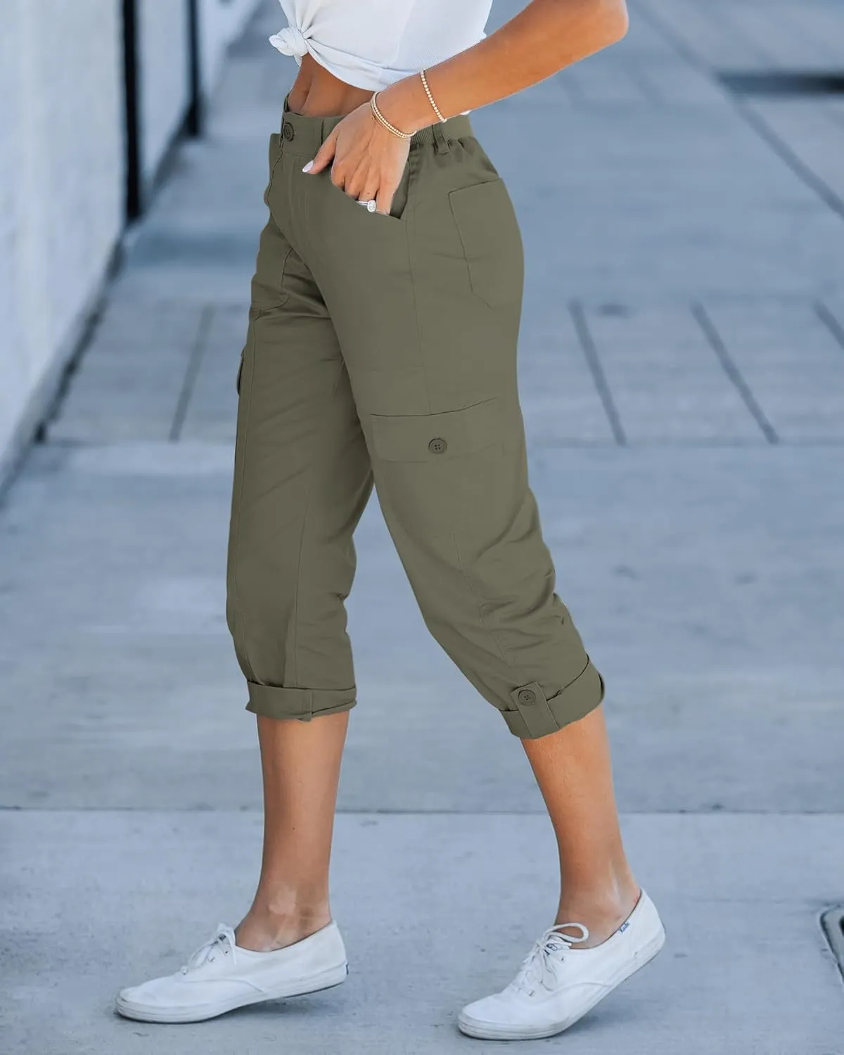 GRAPENT Cargo Capri Pants for Women High Waisted Relaxed Fit Elastic Knit Waist Casual Capris Trousers Cropped Pants