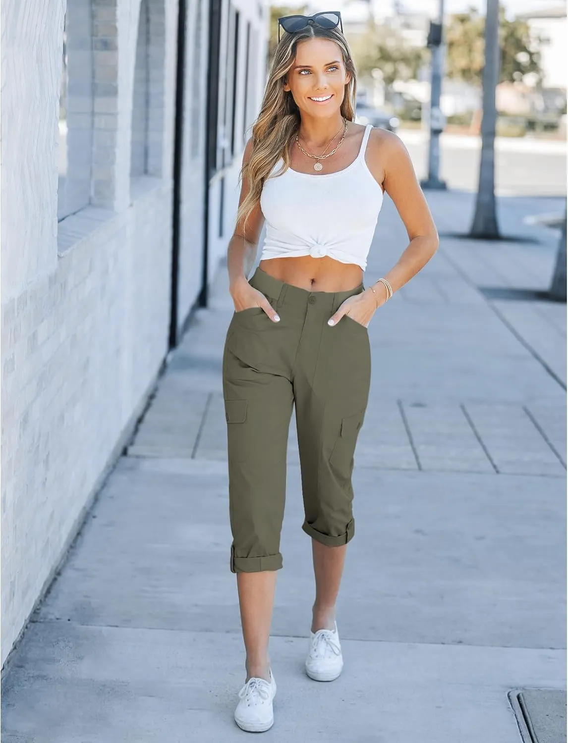 GRAPENT Cargo Capri Pants for Women High Waisted Relaxed Fit Elastic Knit Waist Casual Capris Trousers Cropped Pants