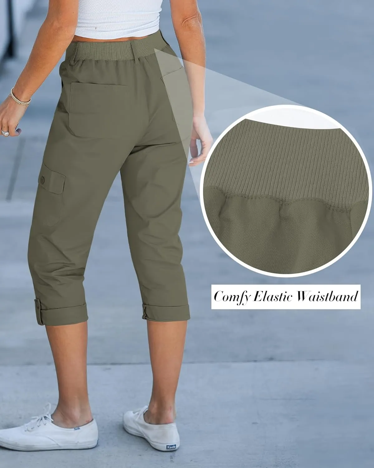 GRAPENT Cargo Capri Pants for Women High Waisted Relaxed Fit Elastic Knit Waist Casual Capris Trousers Cropped Pants