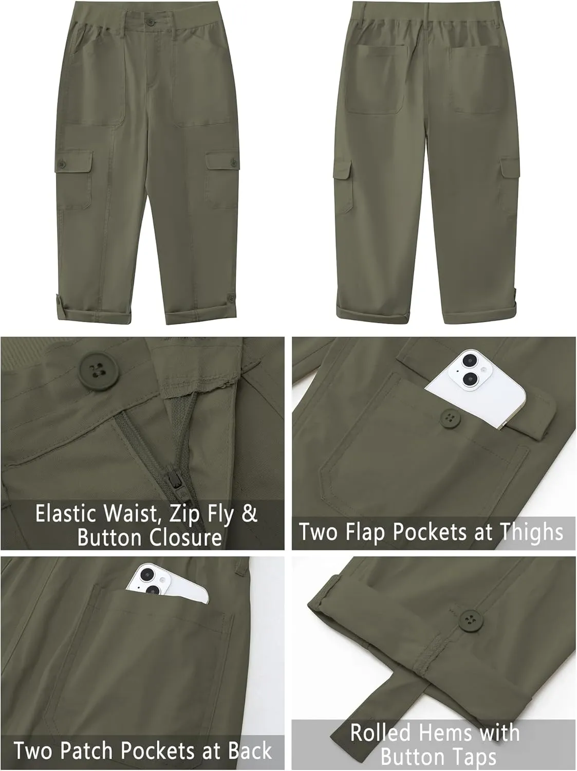 GRAPENT Cargo Capri Pants for Women High Waisted Relaxed Fit Elastic Knit Waist Casual Capris Trousers Cropped Pants