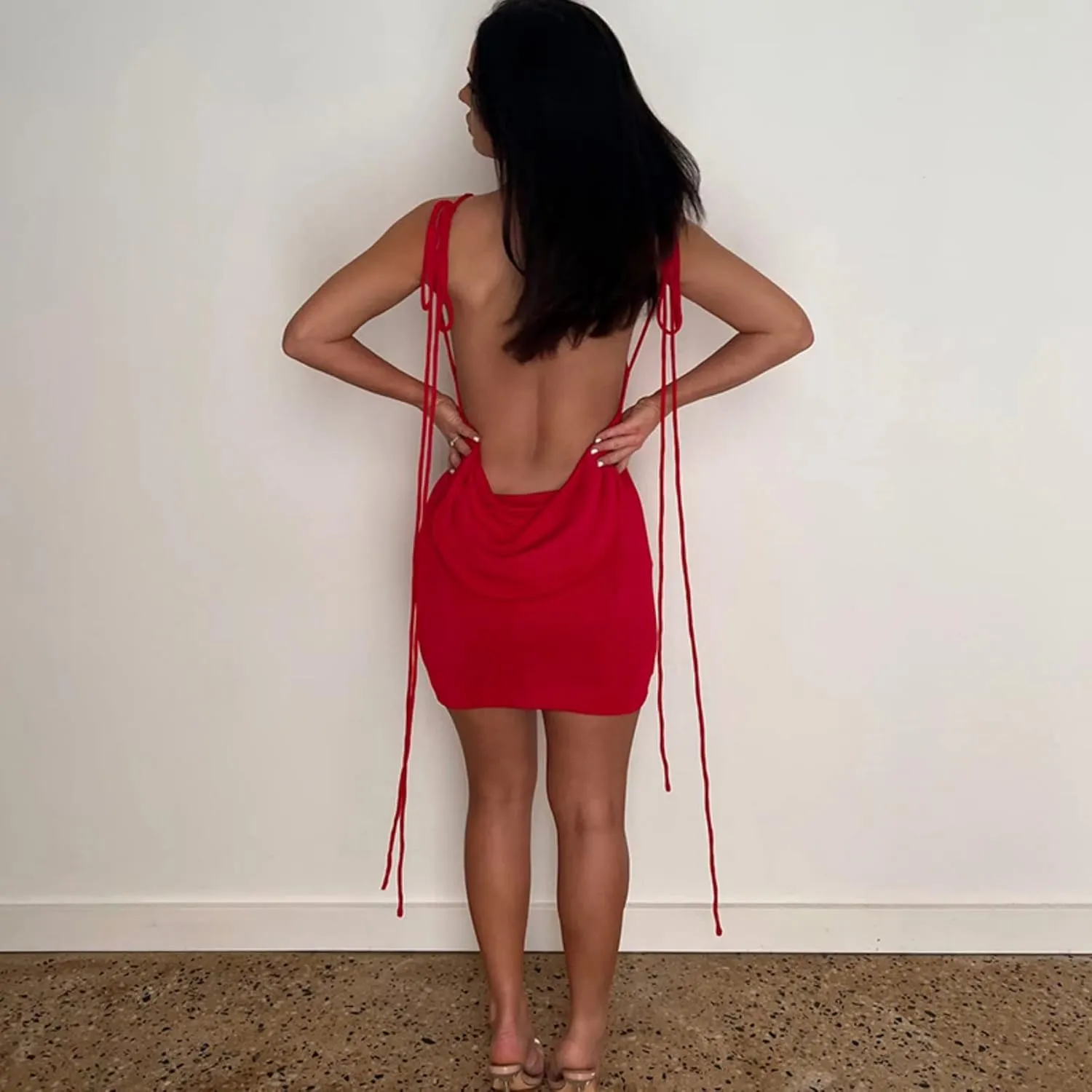 JUMISEE Women Sexy Backless Draped Mini Dress Elegant Sleeveless Spaghetti Strap Bodycon Evening Dress Club Party Dress