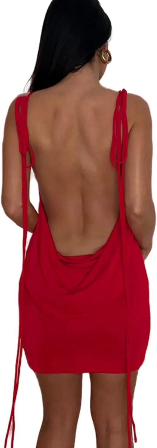 JUMISEE Women Sexy Backless Draped Mini Dress Elegant Sleeveless Spaghetti Strap Bodycon Evening Dress Club Party Dress