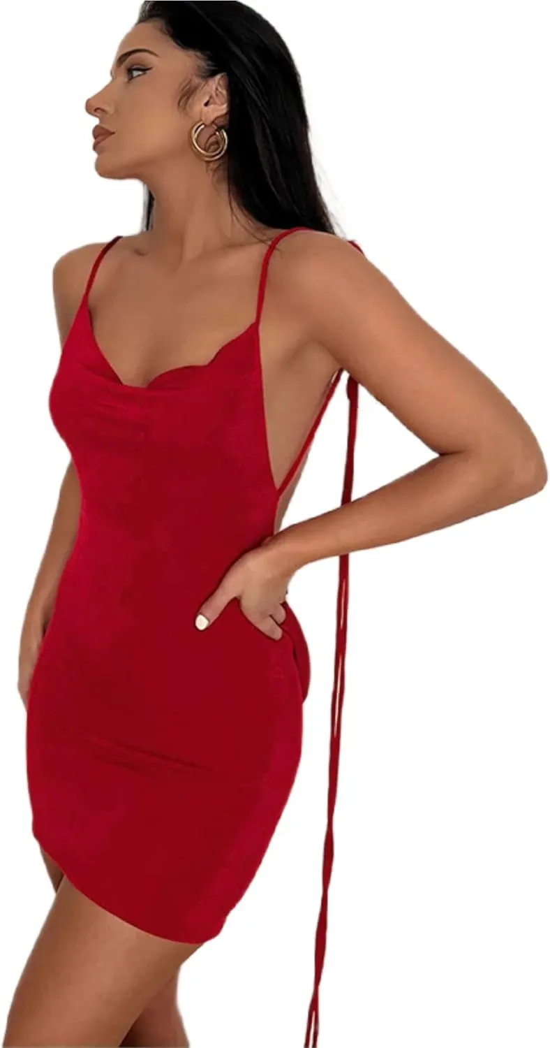 JUMISEE Women Sexy Backless Draped Mini Dress Elegant Sleeveless Spaghetti Strap Bodycon Evening Dress Club Party Dress