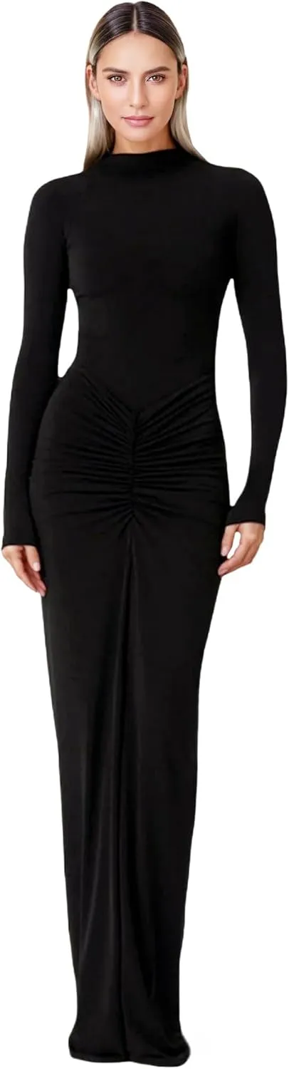 JUMISEE Women's Sexy Ruched Long Sleeve Maxi Dress Elegant Turtleneck Bodycon Cocktail Party Dress Evening Dress