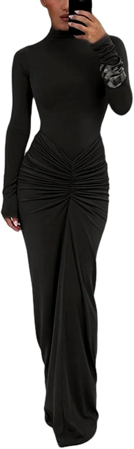 JUMISEE Women's Sexy Ruched Long Sleeve Maxi Dress Elegant Turtleneck Bodycon Cocktail Party Dress Evening Dress