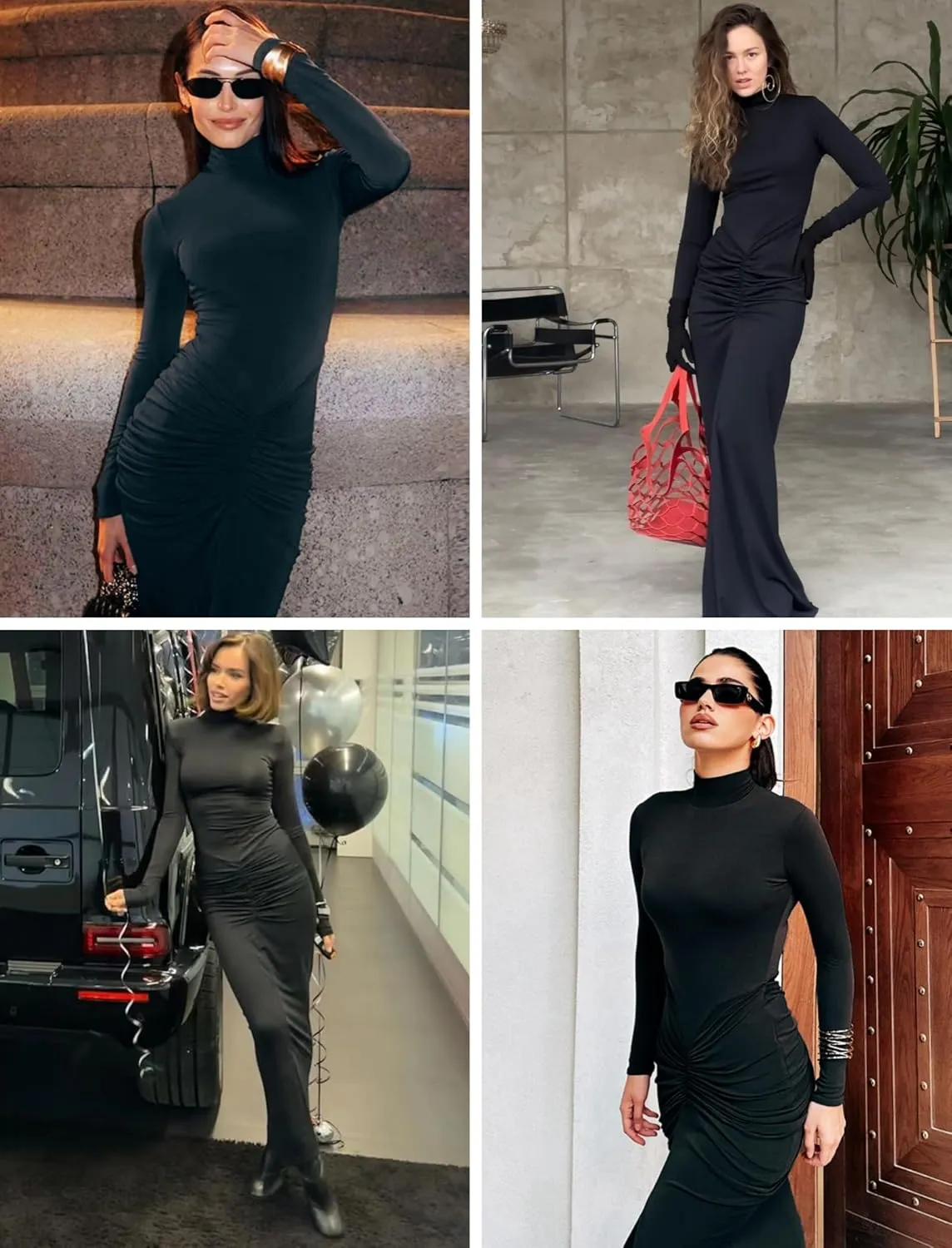 JUMISEE Women's Sexy Ruched Long Sleeve Maxi Dress Elegant Turtleneck Bodycon Cocktail Party Dress Evening Dress