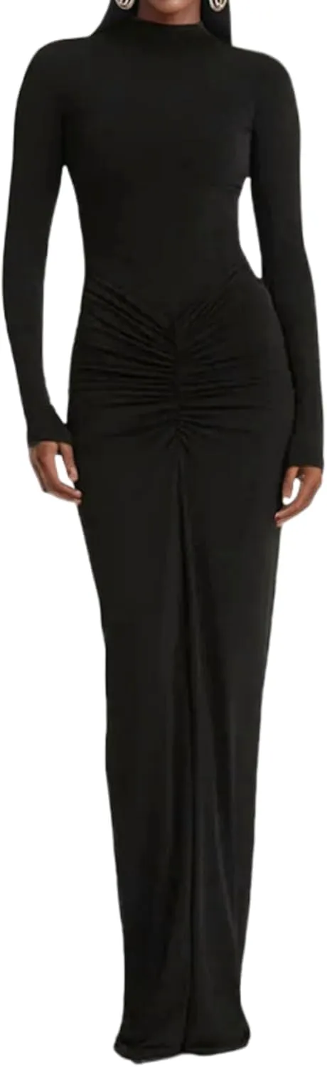 JUMISEE Women's Sexy Ruched Long Sleeve Maxi Dress Elegant Turtleneck Bodycon Cocktail Party Dress Evening Dress