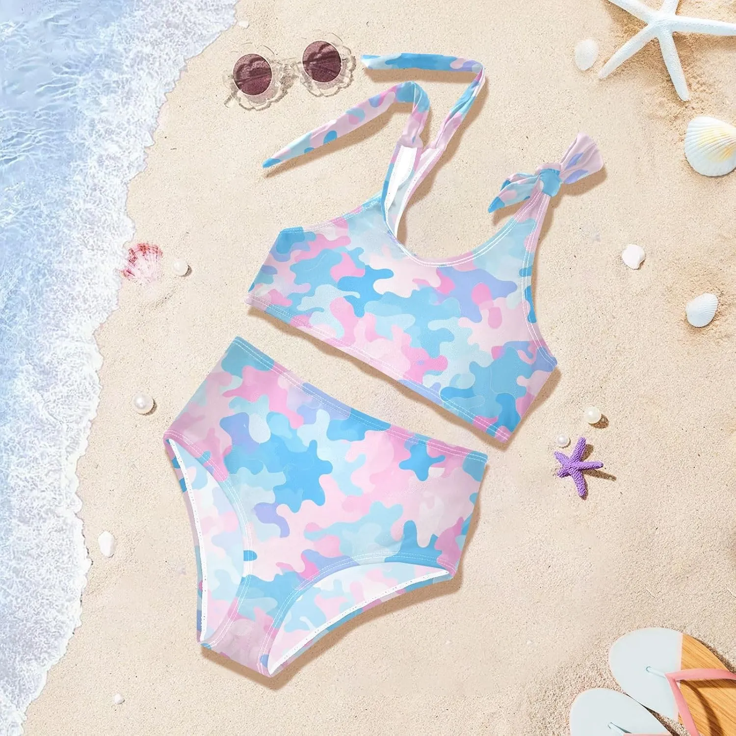 KLL Camouflage Pattern Trendy Style Girls' Two Piece Bikini Sets Scoop Neck Beach Swimsuit Swimsuit