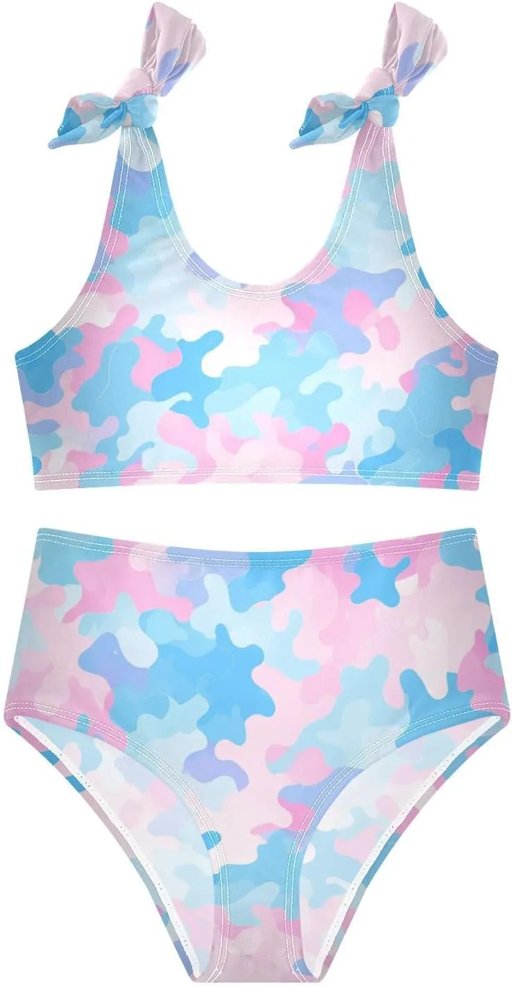 KLL Camouflage Pattern Trendy Style Girls' Two Piece Bikini Sets Scoop Neck Beach Swimsuit Swimsuit