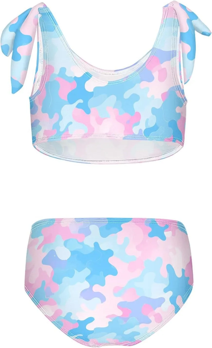 KLL Camouflage Pattern Trendy Style Girls' Two Piece Bikini Sets Scoop Neck Beach Swimsuit Swimsuit