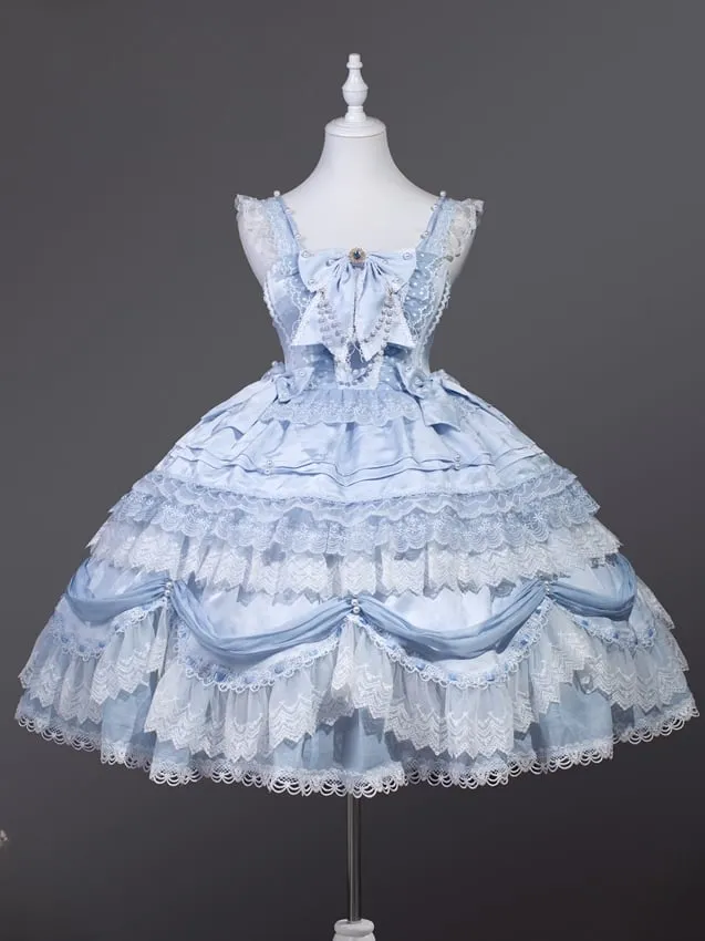 Light Blue Bow Accent Layered Skirt Hanayome Dress Sweet Hime Lolita Jumper Skirt