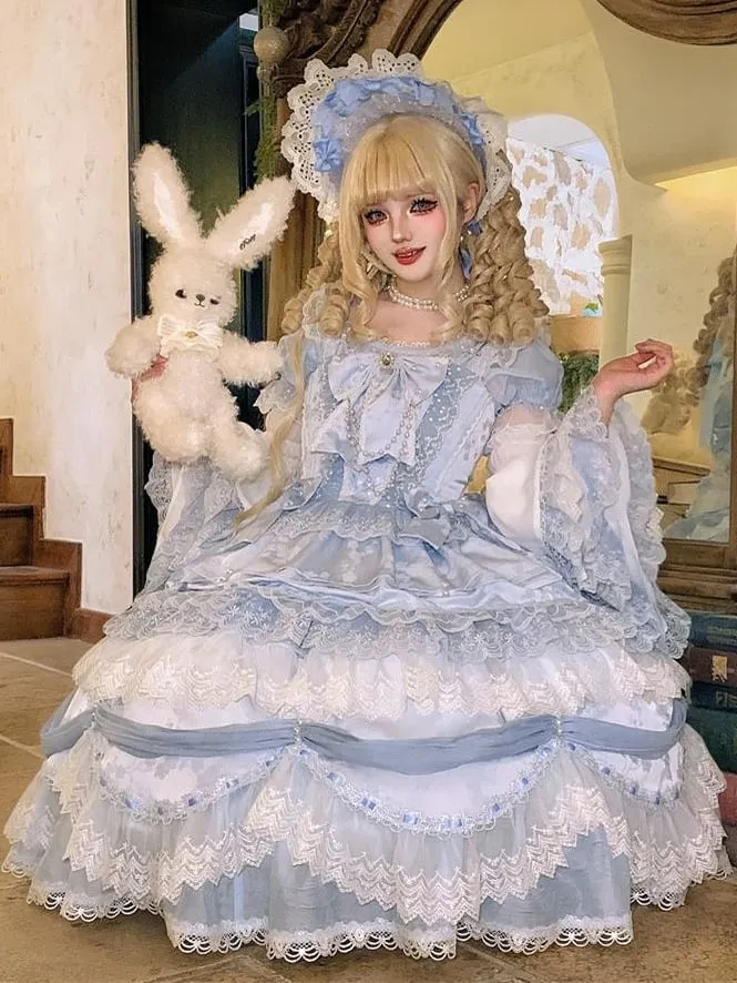 Light Blue Bow Accent Layered Skirt Hanayome Dress Sweet Hime Lolita Jumper Skirt