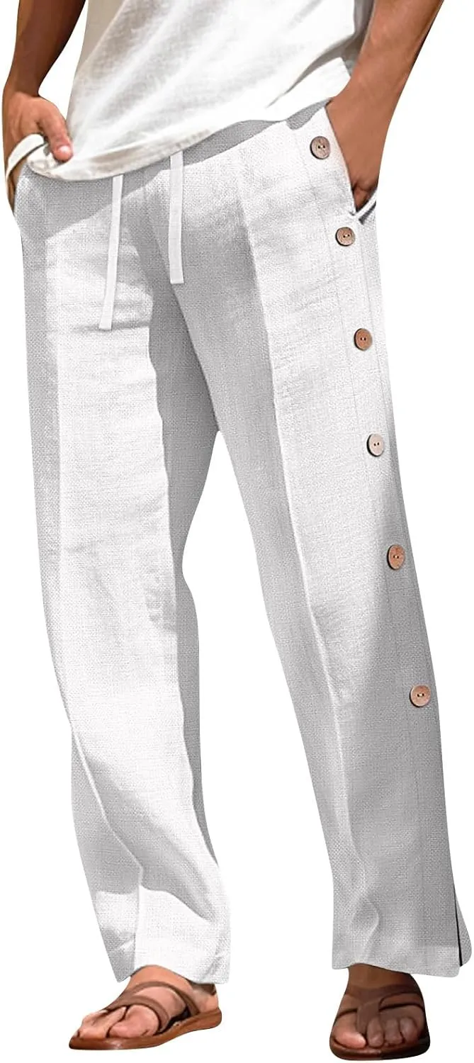 Linen Pants Men Beach Joggers Men Harem Summer Wide Legs Split Expandable Waist Coloured Comfortable Regular Jogger