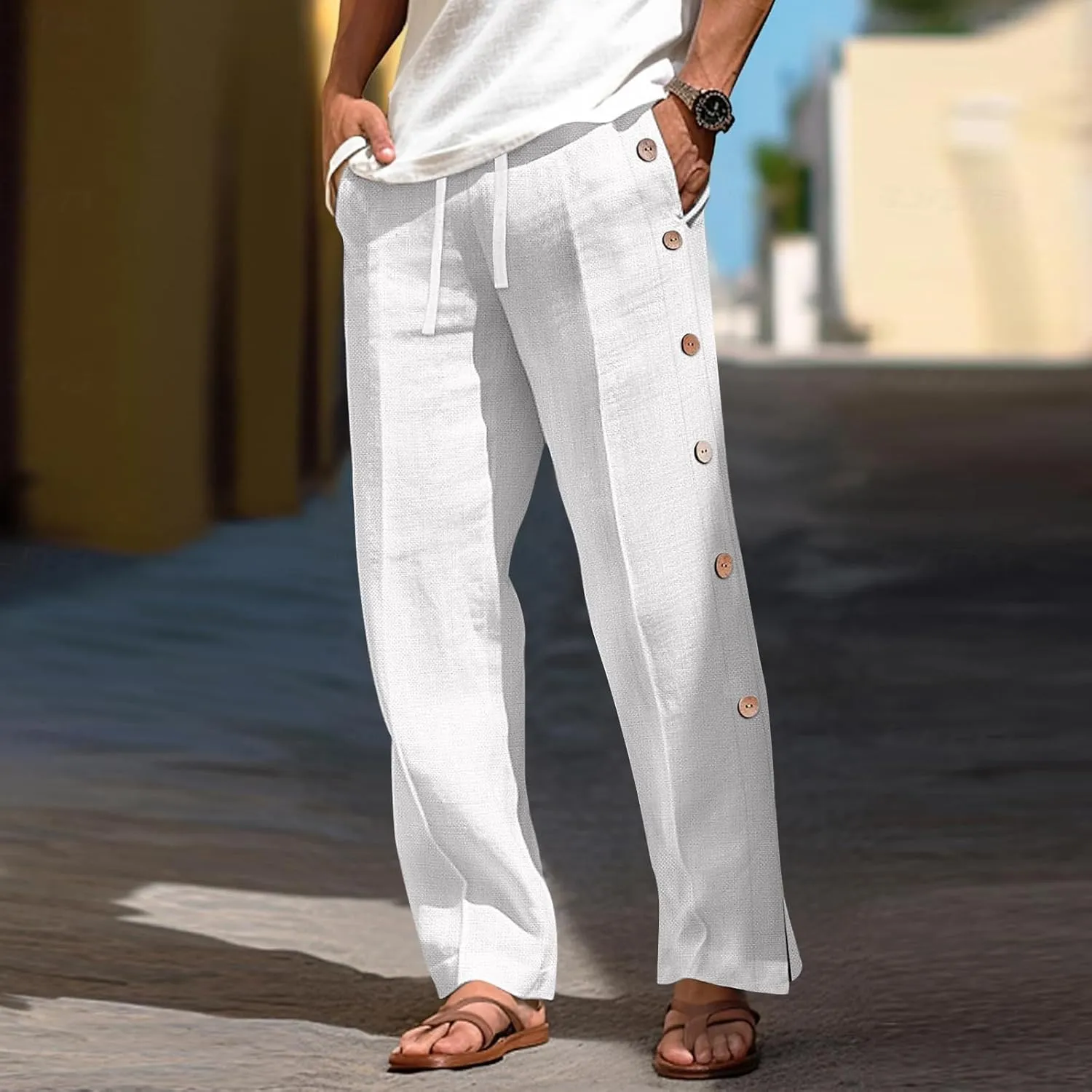 Linen Pants Men Beach Joggers Men Harem Summer Wide Legs Split Expandable Waist Coloured Comfortable Regular Jogger