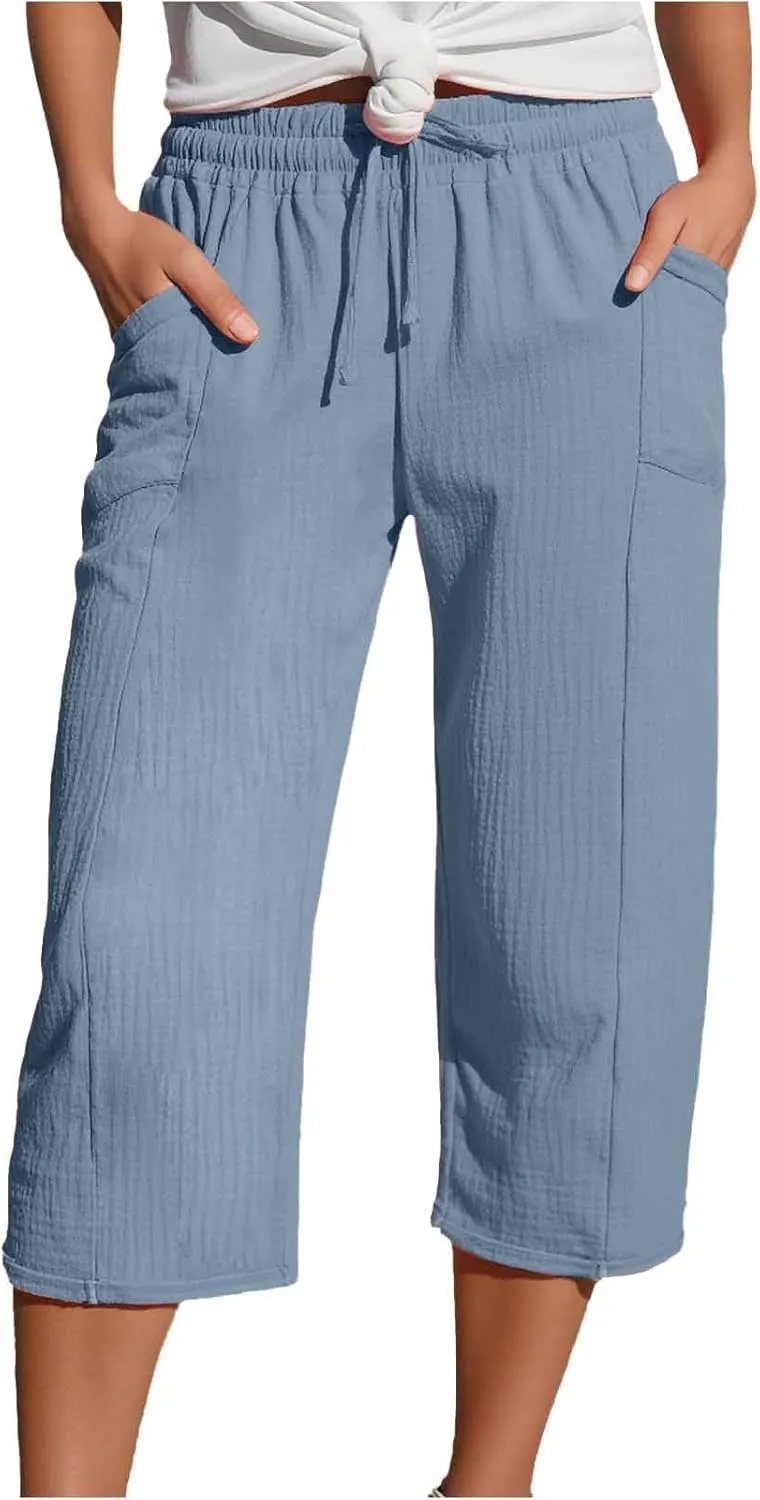 Linen Pants Women Summer Casual High Waist Straight Wide Leg Pants Comfortable Fit Trousers with Pockets