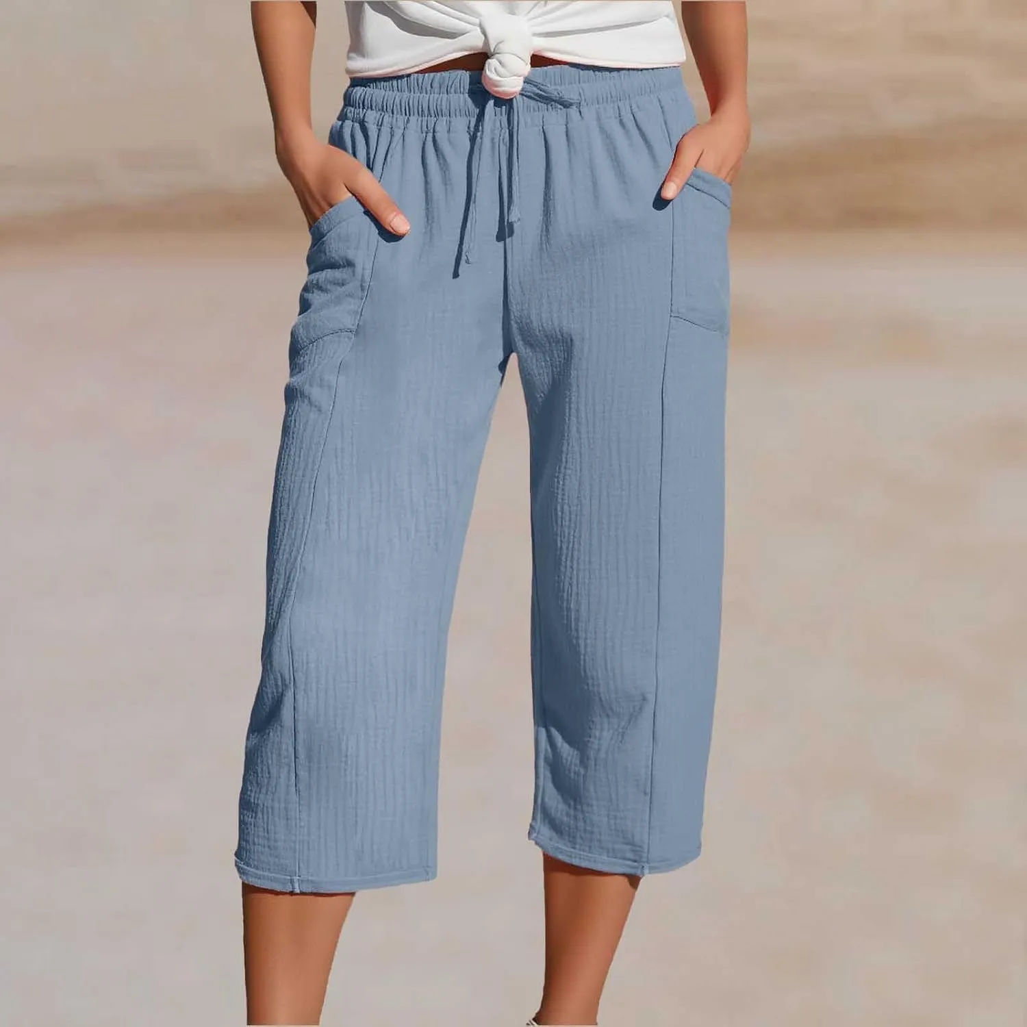 Linen Pants Women Summer Casual High Waist Straight Wide Leg Pants Comfortable Fit Trousers with Pockets