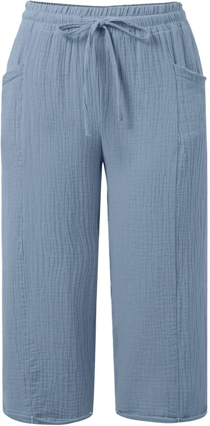 Linen Pants Women Summer Casual High Waist Straight Wide Leg Pants Comfortable Fit Trousers with Pockets